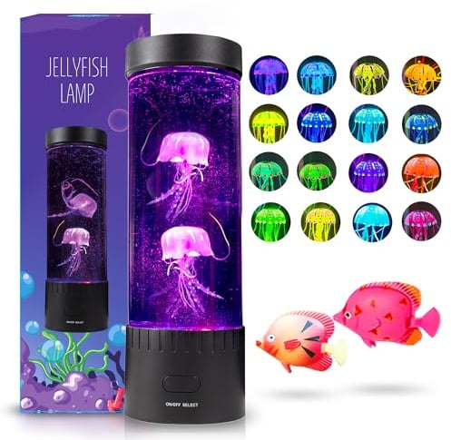 Brewish Quallen-Lavalampe, 16 Farbwechsel-Lampen, Aquarium-Nachtlicht für Kinder und Erwachsene, künstliches Aquarium mit beweglichen Fischen, sensorische Raum-LED-Lichter für Autismus, ADHS