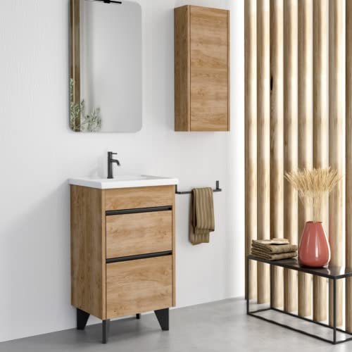 Mueble de Baño al Suelo con Lavabo Cerámico de Fondo Reducido Berna | Mueble Baño con Patas de Fondo Reducido de 2 Cajones con Cierre Amortiguado y Organizador | Roble Natural Tirador Negro | 60cm