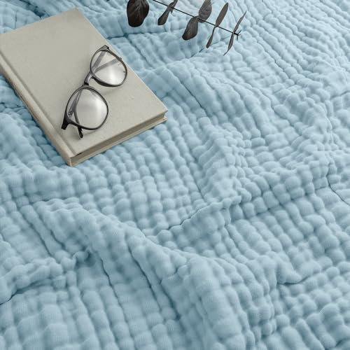 Musselin-Decke für Erwachsene, extra groß, King-Size-Größe, 279 x 228 cm, 6-lagig, kühlende Baumwolle, weich, atmungsaktiv, Warmer Überwurf für Schlafzimmer (Himmelblau, King – Musselin)