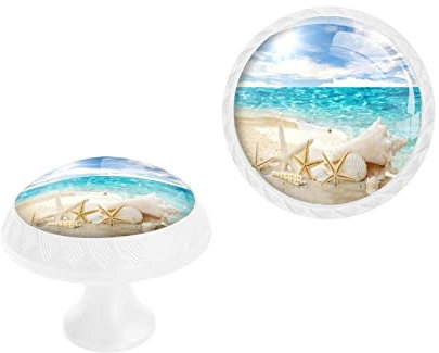 Elohiym 4 Pack Ocean Beach Starfish Seashell Blue Skyline Cabinet Knobs White Dresser Knobs Crystal Drawer Knobs Unique Door Pulls Handles for Kitchen Bathroom Furniture Hardware
