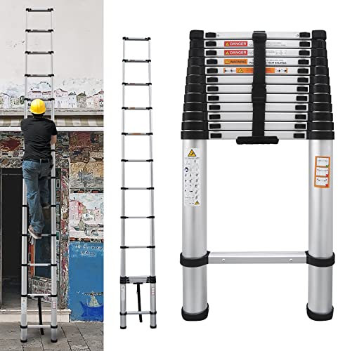 Teleskopische ausziehbare Leiter faltende Verlängerung DIY außerhalb Aluminium Leiter mit rutschfesten Füßen, tragbare einziehbare Kletterleiter für Haushalt und Arbeiten im Freien (3,8m/12.5FT)
