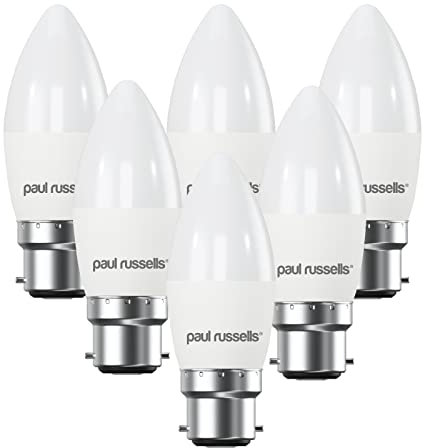 paul russells LED Candle – Dimmable Bayonet Fitting Light, 5.5W 470 LM B22 C37 LED Bulbs, 40w Equivalent, 6500K Daylight, Dimmer BC Energy Saving Ceiling Lightsbulbs, Pack of 6
