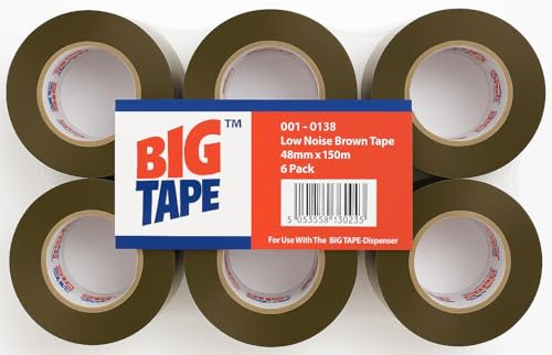 Big Tape Low Noise Brown Packaging Tape, 48mm x 150m, 6 Pack | Strong Sticky Tape, For Box Packaging, For Moving Boxes, Supports tape guns for 50MM CORE