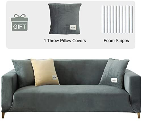 Samt Sofabezug 3 Sitzer - Weiche High Stretch Antirutsch Couchbezug Sofaschutz, Plüsch Sofa Schonbezüge mit 1 Kissenbezug für Wohnzimmer (Grau, 3 Sitzer für 180-230cm)