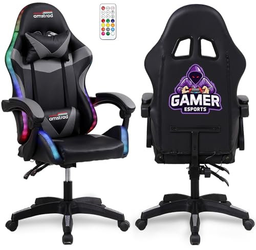 Amstrad AMS-900-LED-GAMER - Fauteuil Gaming Noir et Gris - Serigraphie Gamer - Eclairage LED 366 Effets - Télécommande