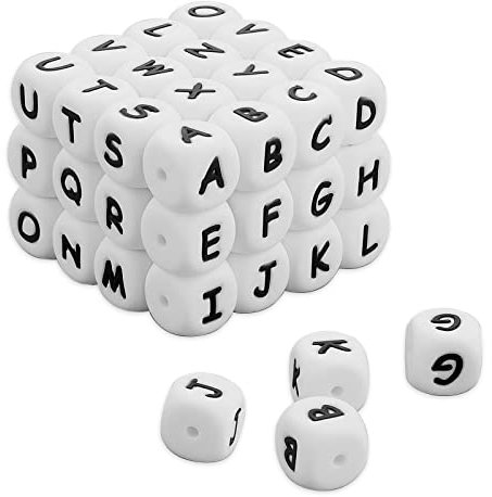 Confezione da 52 perline in silicone con lettere dell'alfabeto dalla A alla Z, 12 mm, quadrate, per portachiavi, bracciali, braccialetti, collane, cordini, colore: bianco