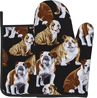 Hitzebeständige Ofenhandschuhe und Topflappen, 2er-Set, Englische Bulldoggen, bedruckt, rutschfest, wasserdicht, zum Backen, Kochen, Grillen