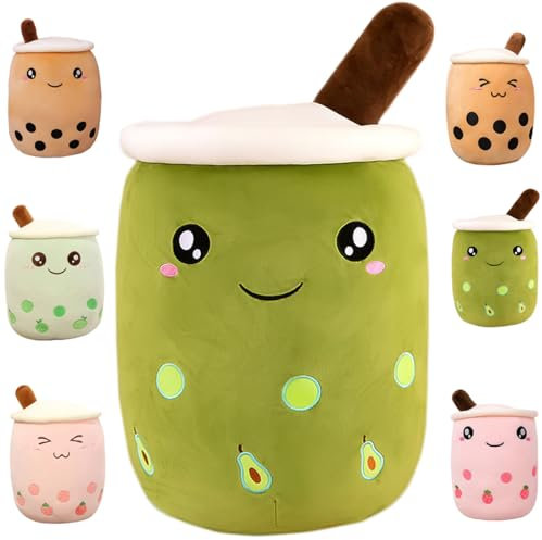 Kekeso Boba Stofftier Plüschkissen Weiches lebensechtes Bubble Pearl Milk Tea Kuschelkissen Cartoon Plüsch Rückenkissen Geschenk Spielzeug (Avocado-Big Eyes, 50cm/19.68inch)