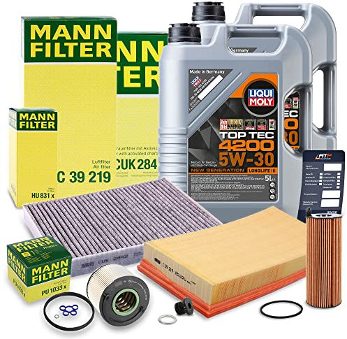 MANN-FILTER Inspektionspaket Filterset 1x Ölfilter, 1x Kraftstofffilter, 1x Luftfilter, 1x Innenraumfilter, 1x Motoröl 5W-30 10l, Kompatibel mit AUDI Q7 (4LB), VW TOUAREG (7LA, 7L6, 7L7)