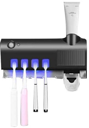 SEAFRONT Soporte de Cepillo de Dientes UV Soporte de Pared para Cepillos de Dientes Dispensador de Pasta de Dientes y Organizador Baño Desinfectante de Cepillo de Dientes UV para Baño (Negro)