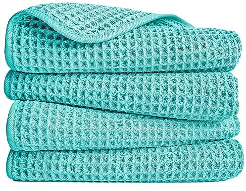 Polyte - Mikrofaserhandtuch - fusselfrei & schnelltrocknend - Waffelstruktur - Aqua - 40 x 76 cm - 4 Stück
