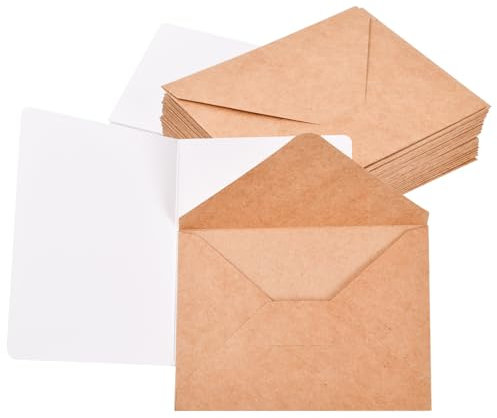 60 Stück Kraftpapier Karten, Klappkarten mit Umschlag, Faltkarten Braun, Doppelkarten Blanko (Weiß)