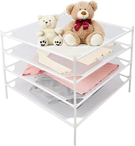 Shrivee Pullover Trockenständer Flach, Metallrohr Mesh Wäscheständer für Wäsche mit Gummifüßen, Stapelbar Wäsche Kleidung Trockner Rack für Kunst, Kleidung, Indoor & Outdoor, Weiß, 4-lagig