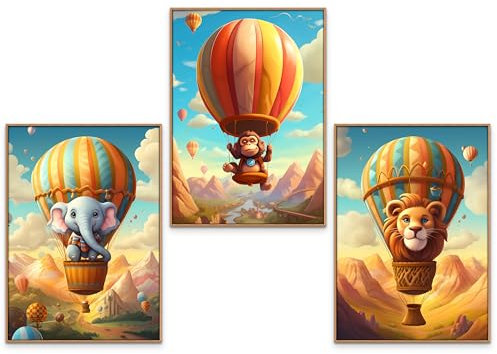 GrowArt - Premium Poster Set im A3-Format - Märchenhafte Tiere im Heißluftballon fliegen, perfekt für das Kinderzimmer. Buntes Bild. Drei Fotos, die eine Komposition ohne Rahmen bilden.