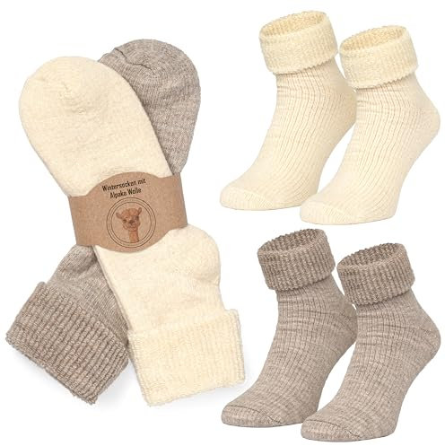 MOUNTREX Alpaka Socken, Wollsocken für Damen, Herren - Wintersocken, Warme Haussocken, Thermosocken - Kuschelsocken - 2 Paar, Ecru/Beige (Dick Thermo mit Umschlag), 39-42