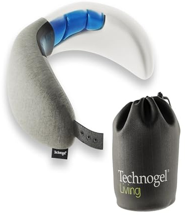 Technogel 2-in-1-Reisekissen, Premium-Memory-Schaum-Basis, verstellbare Druckknöpfe, Nacken- und Lendenwirbelstütze für bequemes Reisen.