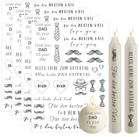 Bolosa 4 Stück Kerzentattoos A5, Kerzen Tattoo Vatertag, Kerzenfolie Papa Wasserschiebefolie DIY Kerzen, Kerzensticker (für Papa, E)