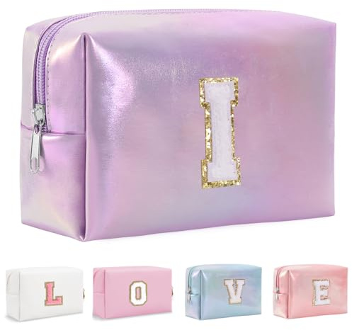 Yintry Organisateur de Trousse de Maquillage en Cuir PU 26 Lettres Laser Pochette cosmétique Grande capacité Trousse de Toilette de Voyage Femmes Filles Cadeaux d'anniversaire Sac de Rangement