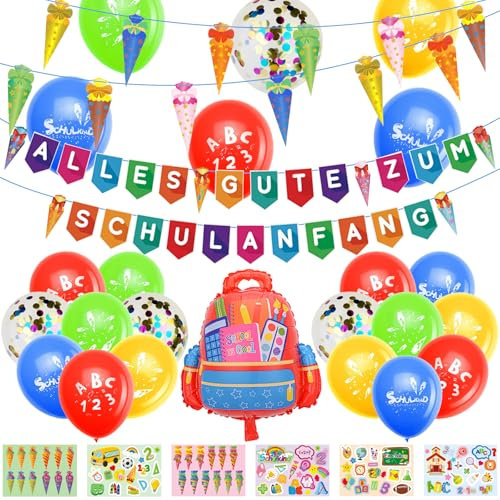 Einschulung Deko, Einschulung Schuleinführung Schulanfang Deko Set, Einschulungsdeko Mädchen Jungen, Inklusive Schulanfang Banner, Einschulung Ballons, Schulanfang Aufklebers