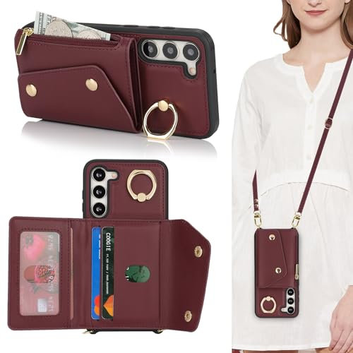 Lipvina Coque pour Samsung Galaxy S23 Plus avec Cordon Porte Carte Coque zippé Portefeuille Femme Telephone Portable Réglable Collier Housse Étui avec Anneau pour Femmes - Rouge