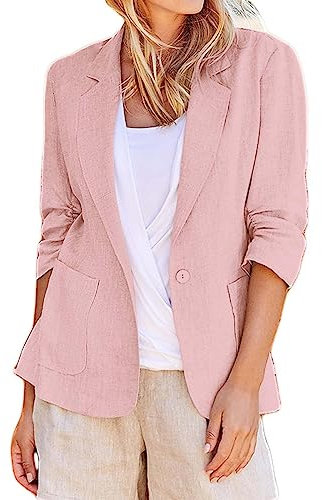 Blazer da donna con maniche a 3/4 in lino e cotone, leggero e confortevole, giacca aperta per le mezze stagioni, giacca casual da lavoro, tinta unita, elegante e con tasche, Colore: rosa., M