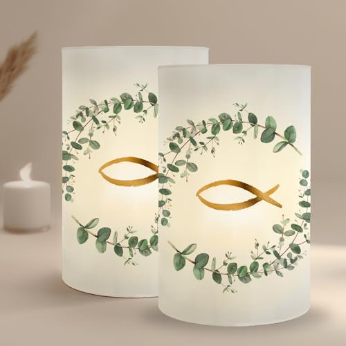 MeinBaby123® 10 Stück Windlicht Tischdeko Taufe, Taufdeko Mädchen Junge, Meine Taufe Deko Eukalyptus grün, Teelicht Taufe, Taufe Deko (Eukalyptus Fische)