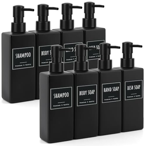Segbeauty Dispenser Sapone Doccia, 8 Pezzi 500ml Dosatore Detersivo Piatti, Dispenser Bagnoschiuma in Plastica, Dispenser Sapone Mani con Etichetta, per Cucina Bagno (Nero Opaco)