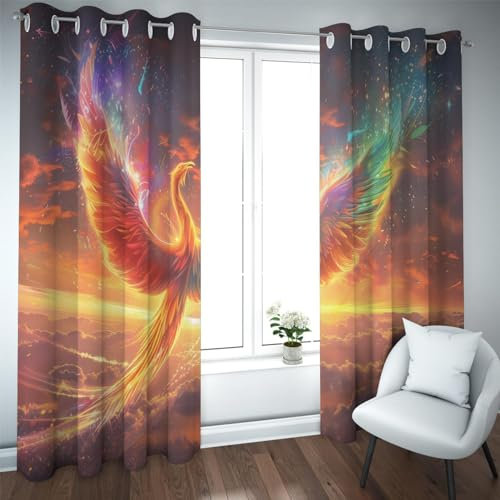 TOANGWALL Rideaux occultants de Luxe Art Japonais Asiatique Coloré Phoenix Réduction du Bruit Rideaux de fenêtre à œillets pour Porte coulissante en Verre 2 Panneaux B140xH290cm