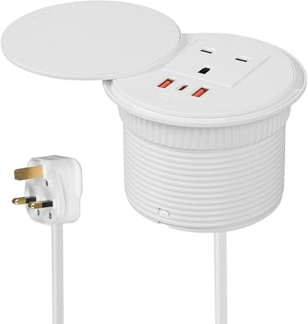 Desktop Power Strip with USB C PD 20W,Desk Grommet Socket 90mm Hole with 1 UK Plug & 2 USB Ports & 1.6m Cable,PU Leather Recessed Socket for Home Office (White)