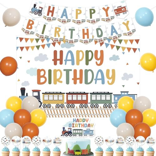 Sursurprise Decoración de cumpleaños con temática de tren, letrero de fondo de tren de vapor, letrero de telón de fondo de feliz cumpleaños, tren de ferrocarril, cruce, pastel, decoración de cupcakes
