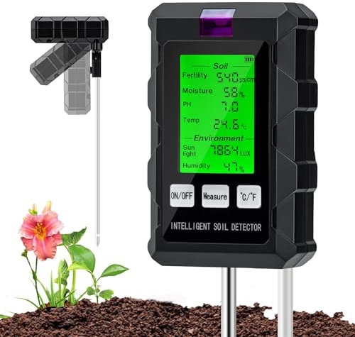 Mcbazel Medidor de pH y Humedad del Suelo 6 en 1, Testador Multifuncional para pH, Temperatura, Fertilidad, Luz, Humedad Ambiental y Suelo para Jardinería, Césped y Plantas en Maceta