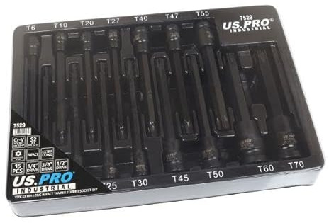 US PRO Industrial 15pc Extra Long Impact Tamper Star Torx Bit Sockets 1/4 3/8 1/2 DR 7529