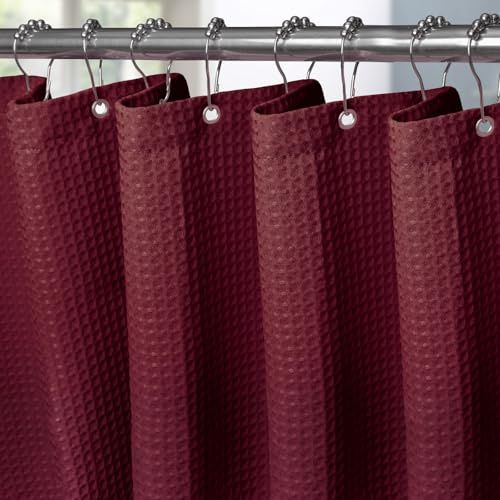 VANZAVANZU Shower Curtain for Bathroom with Metal Hooks Waffle Fabric Shower Curtain Heavy Duty Bath Curtain for Wet Room Bathtub Shower Stall, Weighted Hem, Waterproof - 275 x 182cm (Burgundy)
