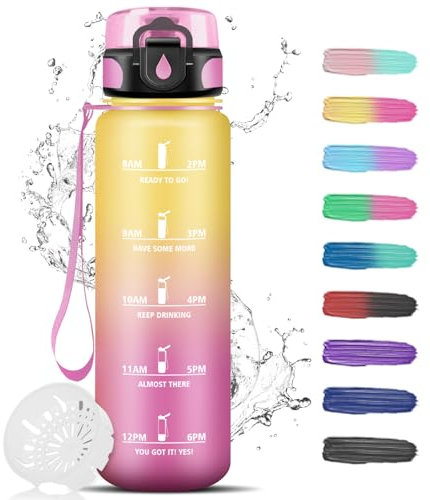 1 Liter Trinkflasche, Trinkflasche Sport mit Filter, Wasserflasche für Erwachsene, Trinkflasche mit Uhrzeit, Leicht zu Reinigen, Motivational Wasserflasche, für Wandern, Gym, Schule, Camping, Outdoor