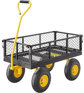 VEVOR Chariot de Jardin Transport, Charge 226,80 kg, Chariot Utilitaire Robuste Tractable Extérieur en Métal avec Pneus 254 mm, Côtés Amovibles en Maille Réglables, Poignée Rotative 180°, Jaune Noir
