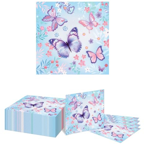 GlamRays 40 Stück Butterfly Servietten, Butterfly and Flower Guest Towels, Einweg dekorative Papier-Dinner-Servietten für Frühling Sommer Schmetterling Geburtstag Hochzeit(B)