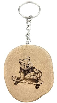 Promotech Porte-clés Winnie en bois gravé au laser fait à la main, Bois naturel, W5L5