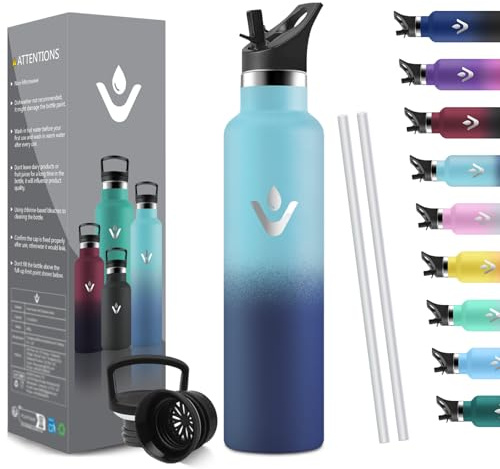 HoneyHolly Bouteille Isotherme 1L, étanche sans BPA, Gourde Isotherme, Double Paroi, Bouteille, 18/8 Acier Inoxydable, Gourde INOX, avec Paille, Termos pour Sport, Randonnée, École, Bureau