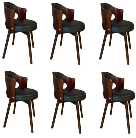Mid Century Moderne runde Drehstühle für Esszimmerstühle, 6 Stück, gepolsterte Kunstleder-Kissen, Vintage-Massivholzbeine, einfache Pflege, stilvolles schwarzes Finish für Esszimmer oder Küche