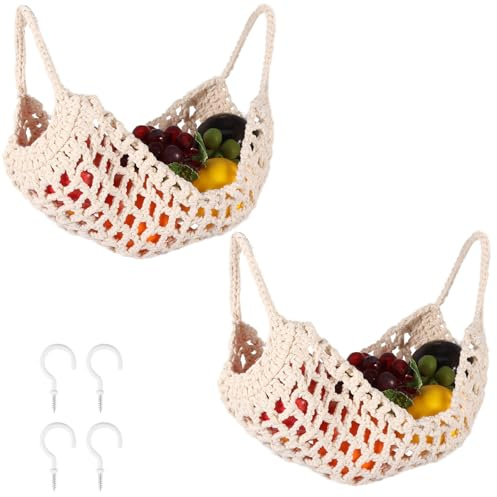 Guniata 2 Stück Obst Hängematte,Hängekörbe Küche,Gehäkelte Obsttasche mit 4 Schraubhaken,Baumwoll Obstnetz,Platzsparende Küchendekoration(Beige,2PCS)