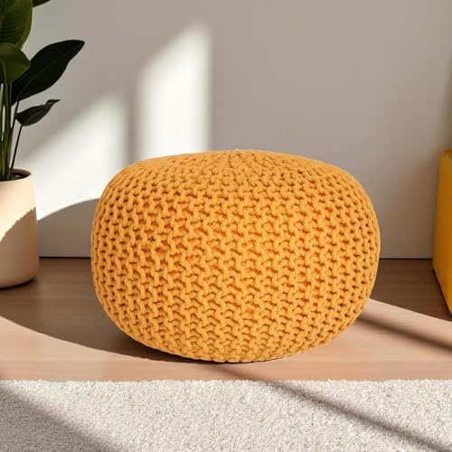 CASVO Handmade Large Knitted Pouffe Ottoman 100% Cotton Chunky Couffes for Living Room Versatile for Foot Rest Extra Seating & Home Decor 50cm Foot Stool (Mustard)