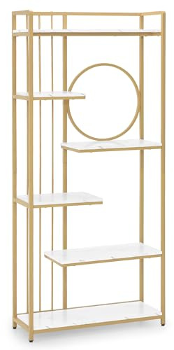 Barberpub Standregal mit 6 Ebenen, Büroregal mit Metallrahmen, Regal für Büro, Wohnzimer, Schlafzimmer, Küche, Nagelstudio, Marmor-Weiß Gold, 5180