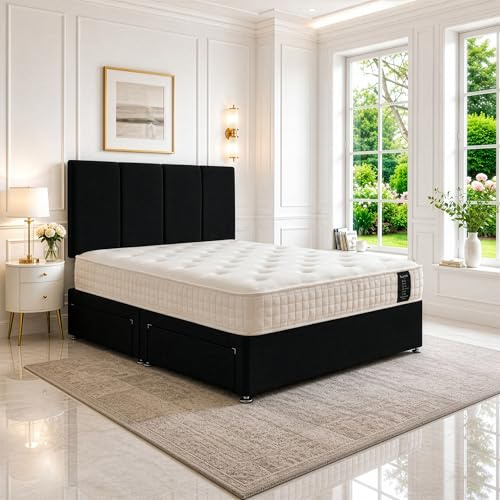Double Divan Bed with Orthopedic, Posture Support, Multi-Layer Pocket Sprung Mattress, Headboard & 2 Storage Drawers – Plush Black Fabric, 4FT6 UK Made, Space-efficient, Bedroom, Guest & Kids’ Room