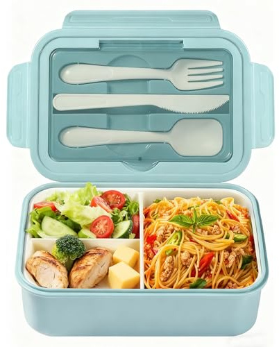 Diboniur Bento Box 1400 ml con Posate, 3 Scomparti, Blu | Bento box con 3 scomparti, ermetica e adatta a microonde e lavastoviglie, per lavoro, scuola e picnic