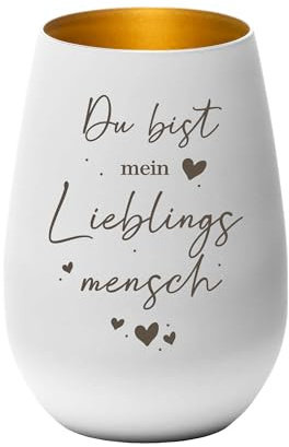 Windlicht Lieblingsmensch | Teelichtglas | Geschenkidee für Familie, Freunde & Herzensmenschen | Dekoration & Kerzenhalter | 12 x 8,5 cm Pohmer Design | Bergliebe (Weiß-Gold, Lieblingsmensch)