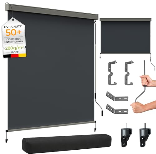 HOMEDEMO Senkrechtmarkise 180x250cm, Außenrollo mit Einstellbare Handkurbel & Alu-Kassette, Balkonrollo Markise, Sicht-und Sonnenschutz, UPF 50+, Wasserfest, Balkon, Terrasse, inkl.Abdeckung Anthrazit