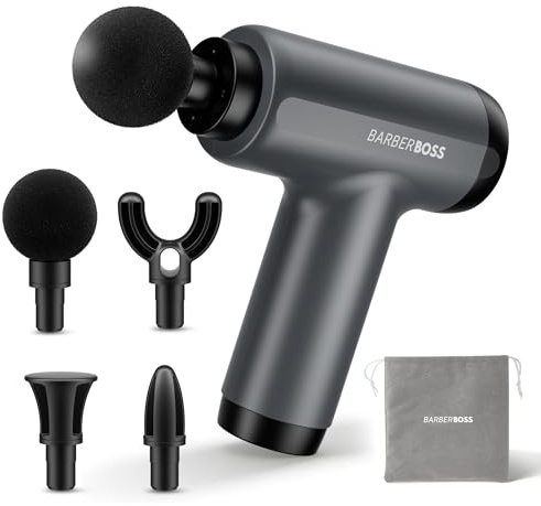 BarberBoss Mini Massage Gun with Pressure Sensor, 5 Intensity Levels Massager, Portable Handheld Muscle Massager with 4 Interchangeable Heads, Storage Pouch, Compact Body Massager, QR-3603