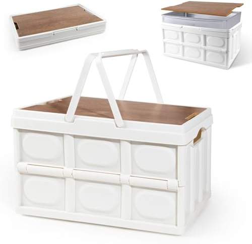 PTSUPLES Klappboxen Faltbar Stabil 30L mit Holzdeckel Weiß, Camping Box, Klappbox mit Deckel für Outdoor, Kofferraum und Haushalt