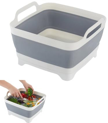 Luxorium 12L Faltbare Spülschüssel Grau Weiß Eckig Mit Ablauf Camping Spülschüssel Waschschüssel Campingküche Camping Waschbecken Faltschüssel Camping Zubehör Küche