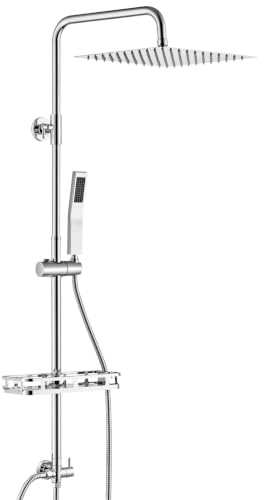 Auralum Edelstahl Regendusche ohne Duscharmatur mit Ablage, Duschsystem Komplettset Chrom, Edelstahl Regenduschkopf & Handbrause, Messingventil, Höhenverstellbar Stange, für Vorhandene Bohrlöcher